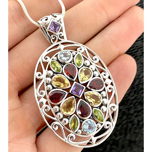 Sterling silver multicolour gemstone Aurora royale oval pendant 60mm long