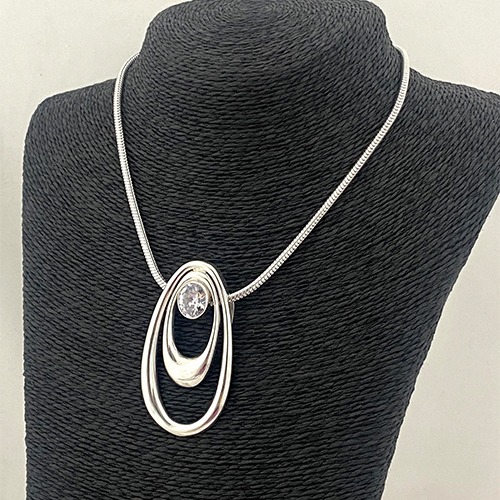 Sterling silver double oval design Cubic zirconia bold pendant on snake chain necklace - Image 2