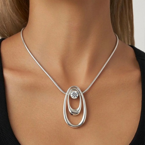 Sterling silver double oval design Cubic zirconia bold pendant on snake chain necklace - Image 3