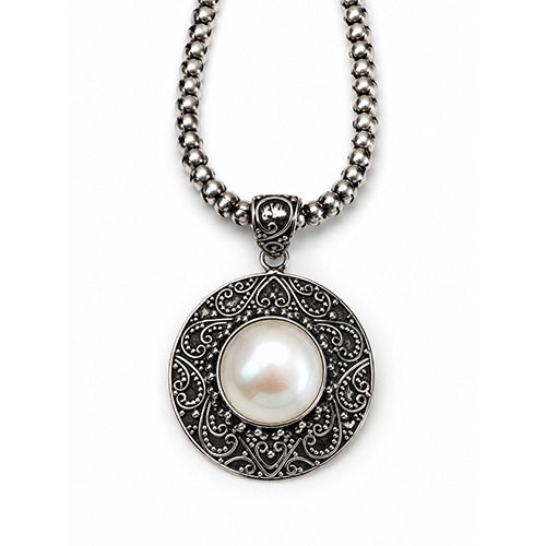 Sterling silver Olivia design ornate fillagree frame white mabe pearl pendant 45mm size