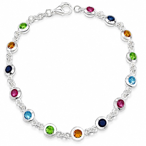 Sterling silver Tutti Frutti design multicolour circular cubic zirconia stone bracelet 6mm wide