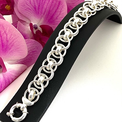 Sterling silver triple circular link design solid bracelet 15mm wide