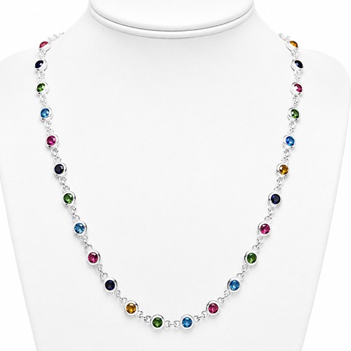 Sterling silver Tutti Frutti design multicolour circular cubic zirconia stone necklace 6mm wide