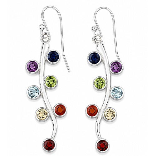 Sterling silver cascading multicolour gemstone hanging earrings 50mm long