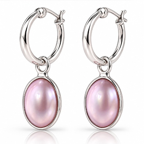Sterling silver oval pink mabe pearl pretty women hoop style earrings 35mm long