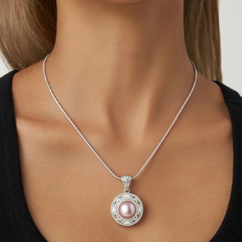 Sterling silver fillagree frame pink mabe pearl pendant 40mm long