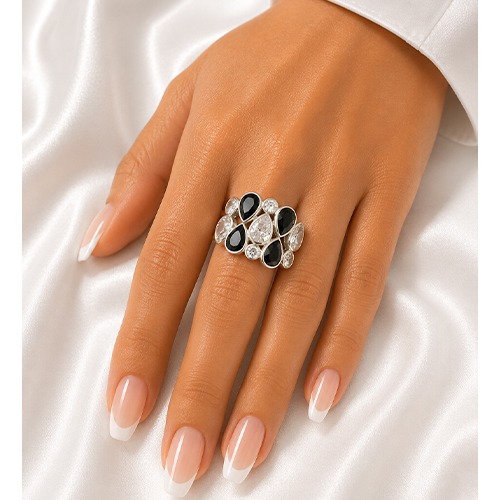 Sterling silver unity teardrops black & white cubic zirconia band ring 16mm wide