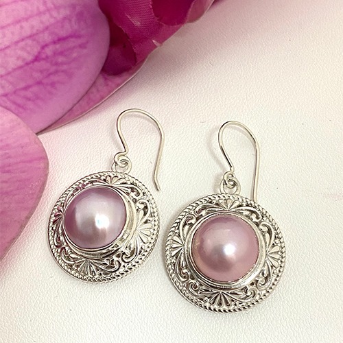 Sterling silver fillagree frame hanging pink mabe pearl earrings 40mm long