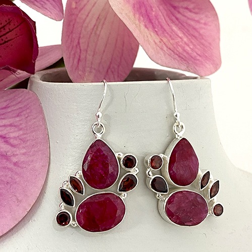 Sterling silver unique shape ruby gemstone hanging earrings 45mm long