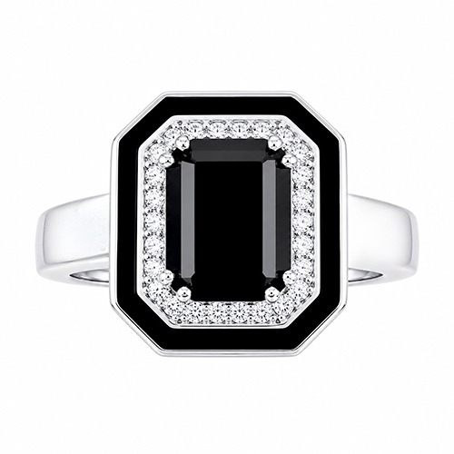 Sterling silver Briella design rectangular black frame cubic zirconia band ring 14mm wide