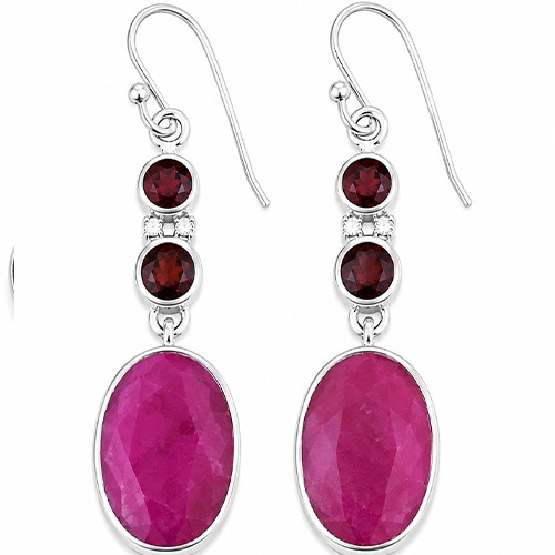 Sterling silver ruby gemstone oval hanging style earrings 50mm long