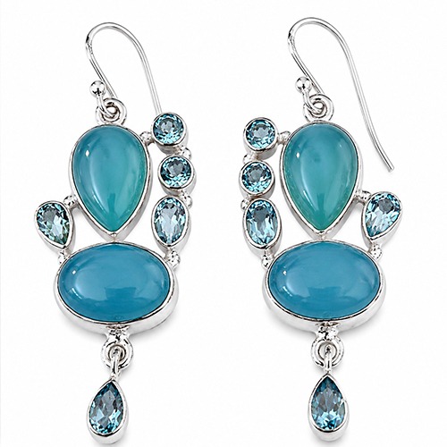 Sterling silver dramatic blue topaz & chalcedony hanging gemstone earrings 60mm long