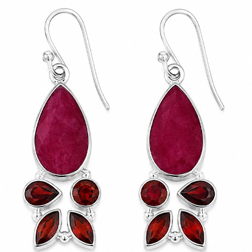 Sterling silver ruby gemstone teardrop style hanging earrings 40mm long