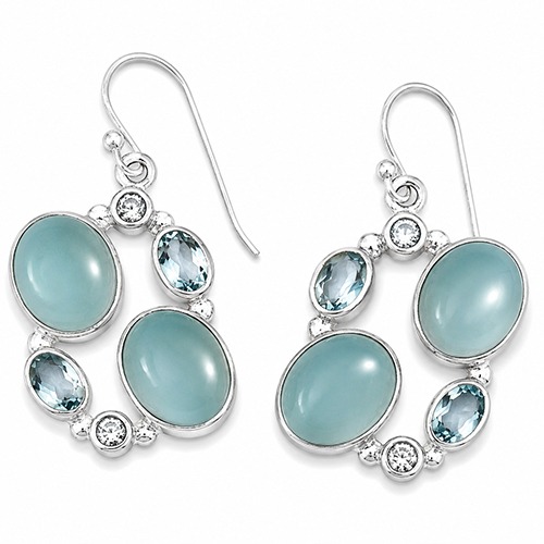 Sterling silver round design Blue topaz & Chalcedony gemstone hanging earrings 45mm long