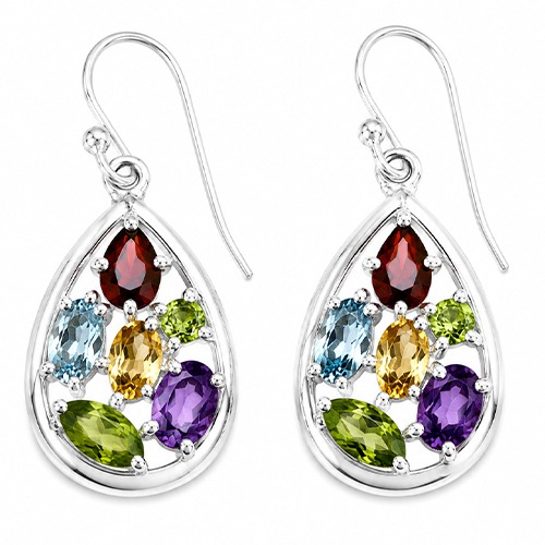 Sterling silver multicolour gemstone teardrop design hanging earrings 30mm long