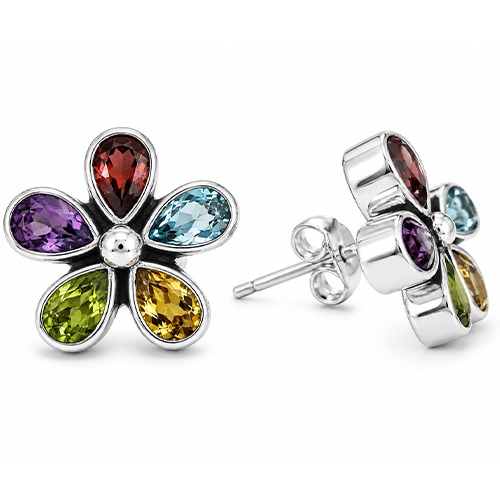 Sterling silver Blossom multicolour gemstone flower stud earrings 15mm size