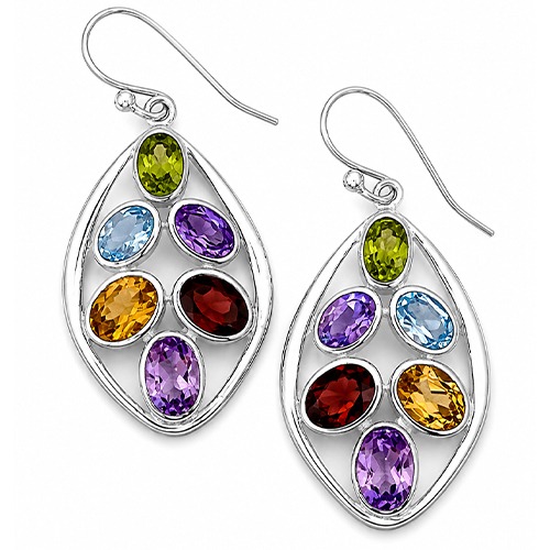 Sterling silver bold teardrop style multicolour gemstone hanging earrings 45mm long