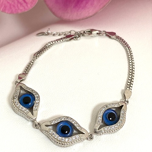 Sterling silver triple evil eye cubic zirconia bracelet