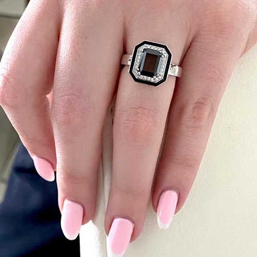 Sterling silver rectangular black frame cubic zirconia band ring 14mm wide