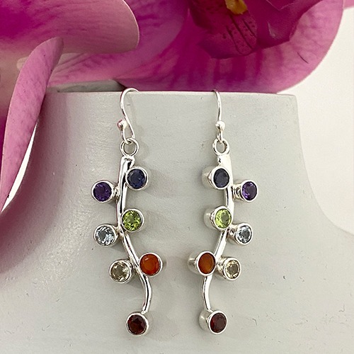 Sterling silver cascading multicolour gemstone hanging earrings 50mm long