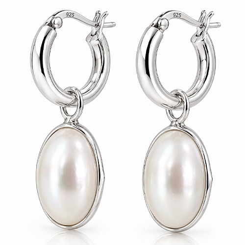 Sterling silver oval Filipino white mabe pearl bulky pretty women hoop earrings 50mm long