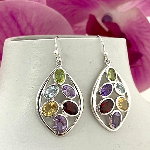 Sterling silver bold teardrop style multicolour gemstone hanging earrings 45mm long