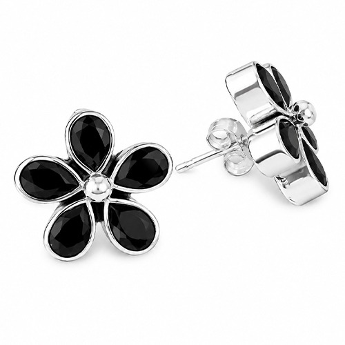 Sterling silver Blossom black agate gemstone flower stud earrings 15mm size