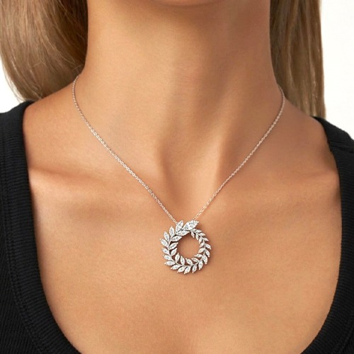 Sterling silver leaf design whimsical cubic zirconia pendant necklace