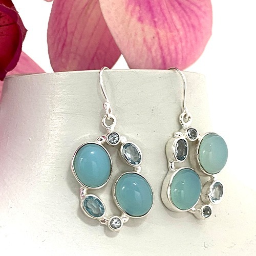 Sterling silver round design blue aquamarine gemstone hanging earrings 45mm long