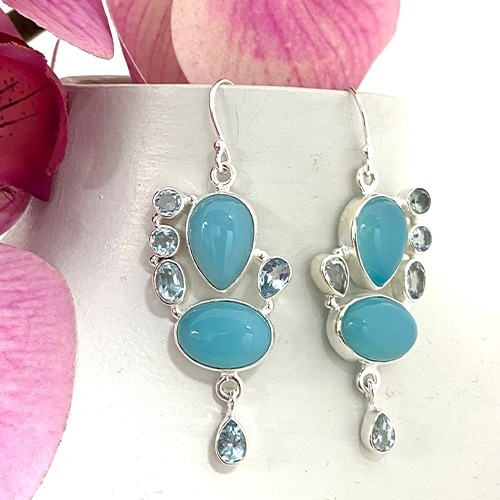 Sterling silver dramatic blue aquamarine hanging gemstone earrings 60mm long