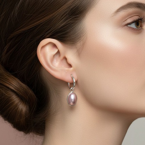 Sterling silver pink oval Mabe pearl hoop earrings