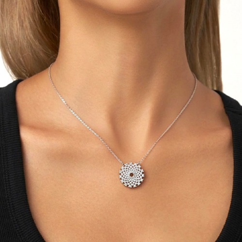 Sterling silver round snowflake design cubic zirconia round pendant necklace