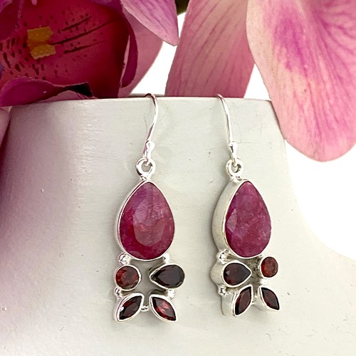 Sterling silver ruby gemstone teardrop style hanging earrings 40mm long