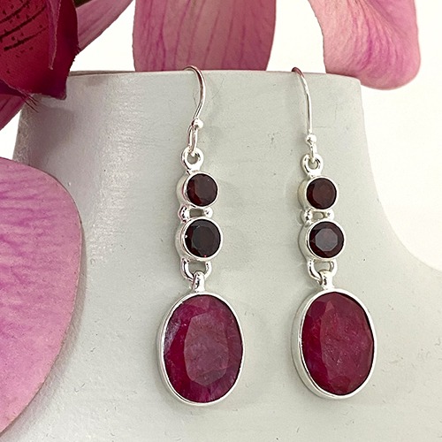 Sterling silver ruby gemstone oval hanging style earrings 50mm long