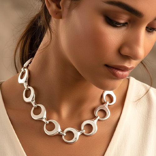 Sterling silver bulky geometric circular pattern necklace 28mm wide links