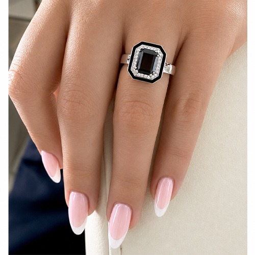 Sterling silver Briella design rectangular black frame cubic zirconia band ring 14mm wide - Image 3