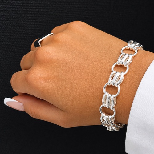 Sterling silver circle design linked solid bracelet 14mm wide