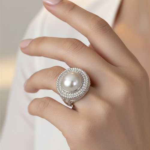 Sterling silver Stella design mabe pearl & cubic zirconia ring 22mm wide