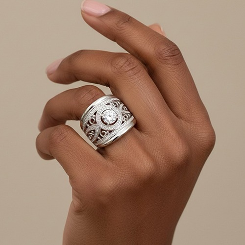 Sterling silver Selina design cubic zirconia detailed band ring 19mm wide