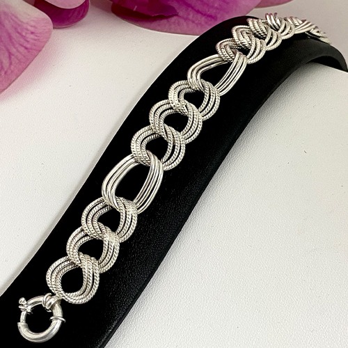 Sterling silver triple link rectangular curb bracelet 18mm wide