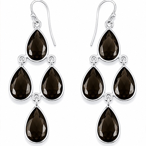 Sterling silver chandelier teardrops Smoky Quartz gemstone hanging earrings 55mm long