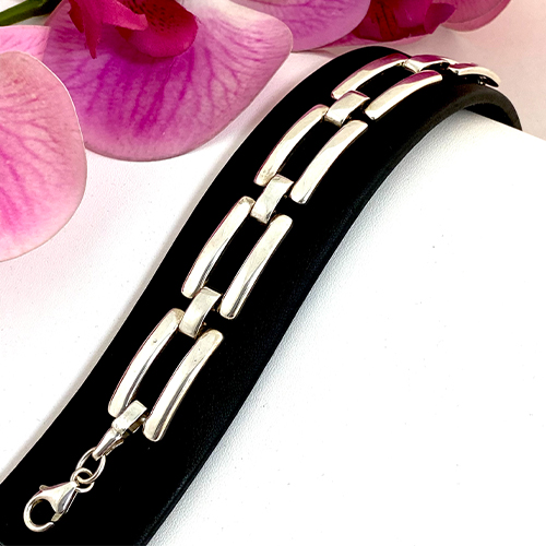 Sterling silver geometric rectangular linked bracelet 15mm wide