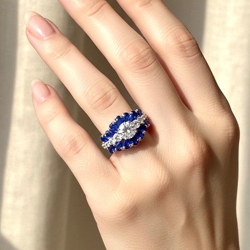 Sterling silver Alexander blue tanzanite cubic zirconia frame band ring 14mm wide