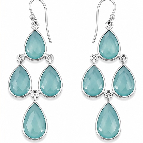 Sterling silver chandelier teardrops Blue Aquamarine gemstone hanging earrings 55mm long