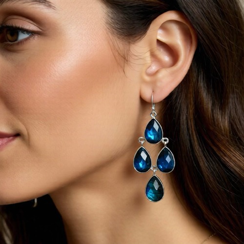 Sterling silver chandelier teardrops Laborite gemstone hanging earrings 55mm long