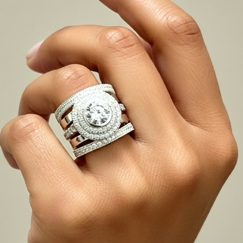 Sterling silver Paris Glamour wide cubic zirconia band ring 20mm wide