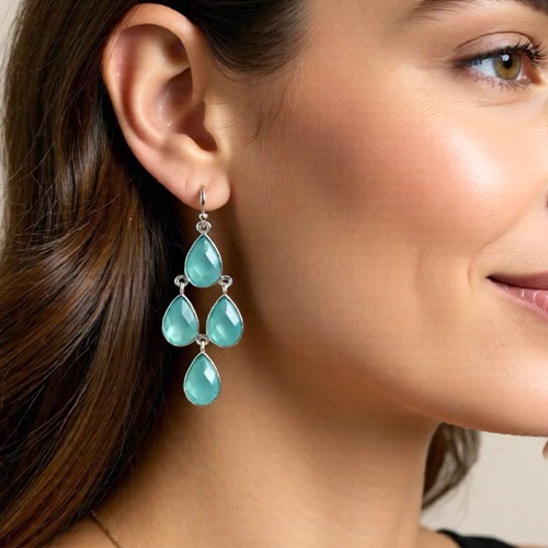 Sterling silver chandelier teardrops Aquamarine gemstone hanging earrings 55mm long