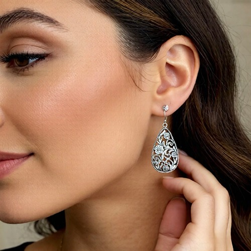 Sterling silver floral design hanging drop earrings 50mm long