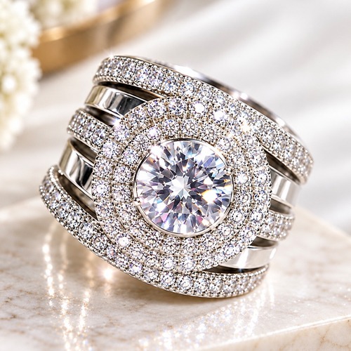 Sterling silver Paris Glamour design wide cubic zirconia band ring 20mm wide