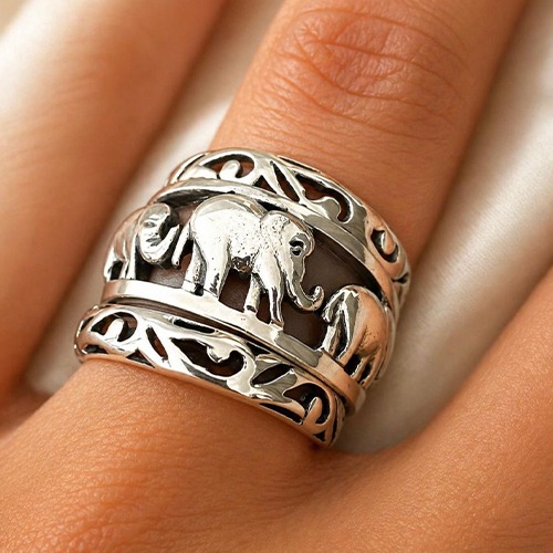 Sterling silver elephant trio design triple stack ring 18mm wide